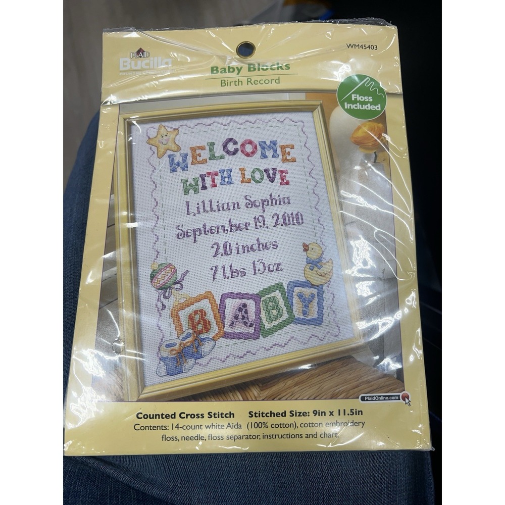 NOS Bucilla‎ Cross Stitch Kit Baby Blocks Birth Record